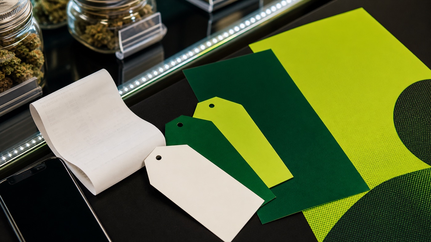 Blank promo tags, receipt, and green campaign-style shapes on a retail counter.