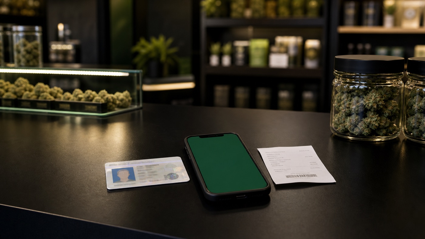 Phone, ID, and pickup receipt on a GreenCare-style dispensary counter.