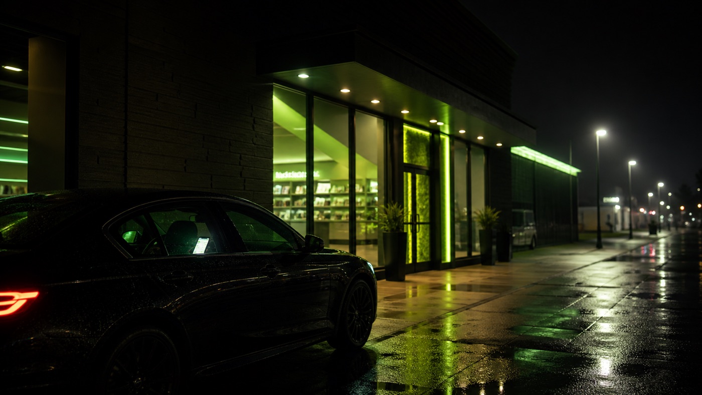 Late-night storefront pickup scene with green light reflecting on wet pavement.