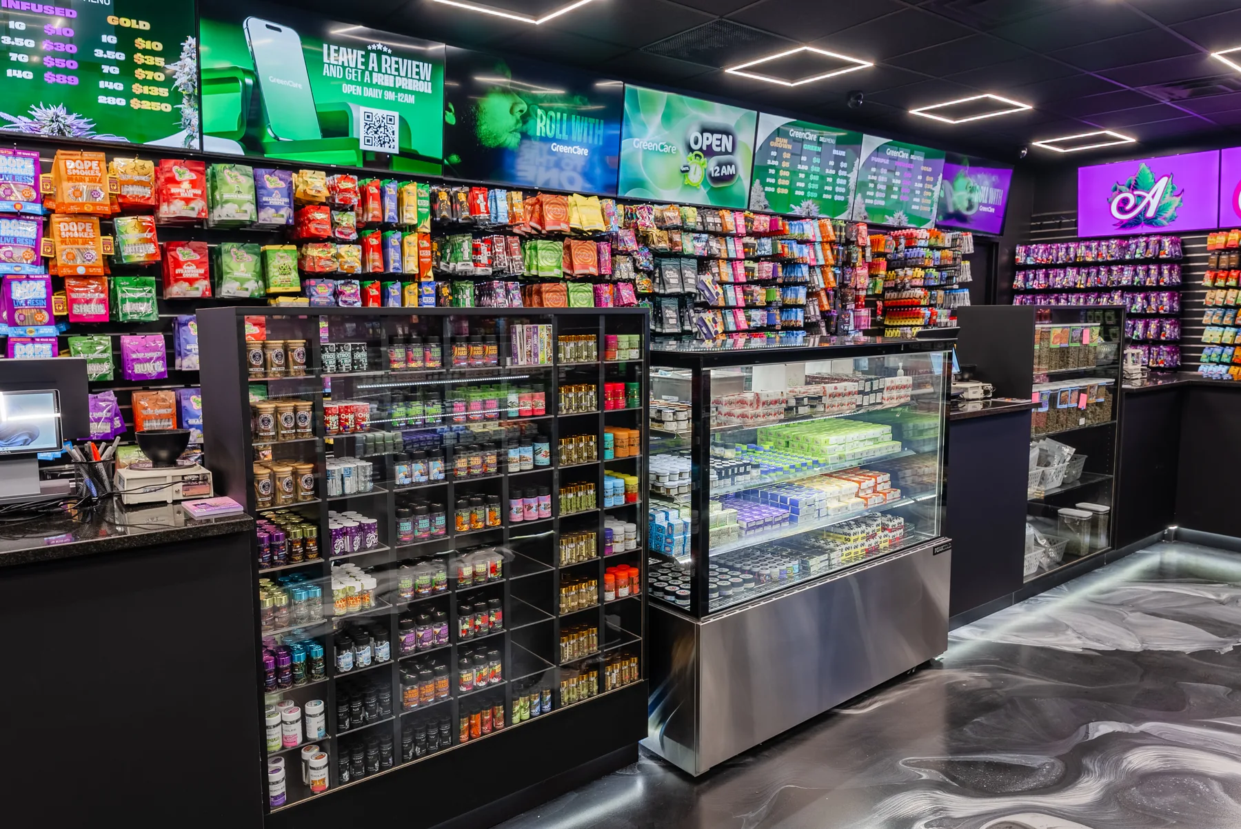 GreenCare River Rouge display cases and product shelves for the live menu guide.